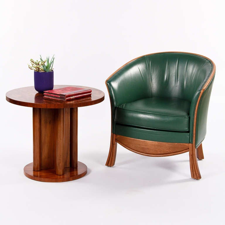 These lovely, and extremely comfortable, Four Art Deco-style green leather chairs were custom-made by Rosello of Paris for a hotel in the South of France, circa 1950s. Rosello has been manufacturing retail and custom furniture since the 1930s, and