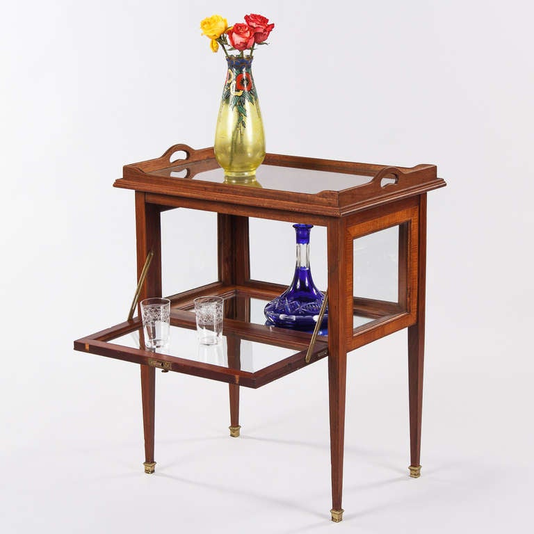 A stunning bar or serving table in the Louis XVI style, circa 1900s, found in the Loire region of France. The table is made of rosewood, cherrywood and mahogany inlaid. All sides are glass, the front and back are opening with a brass pull. The