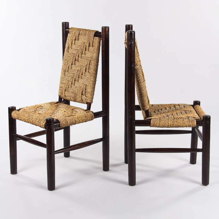 Mid-Century Modern Set of Four Ebonized Wood and Rush Seat Chairs