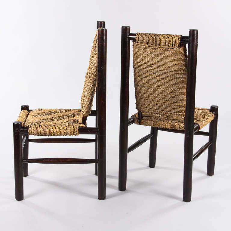 French Set of Four Ebonized Wood and Rush Seat Chairs