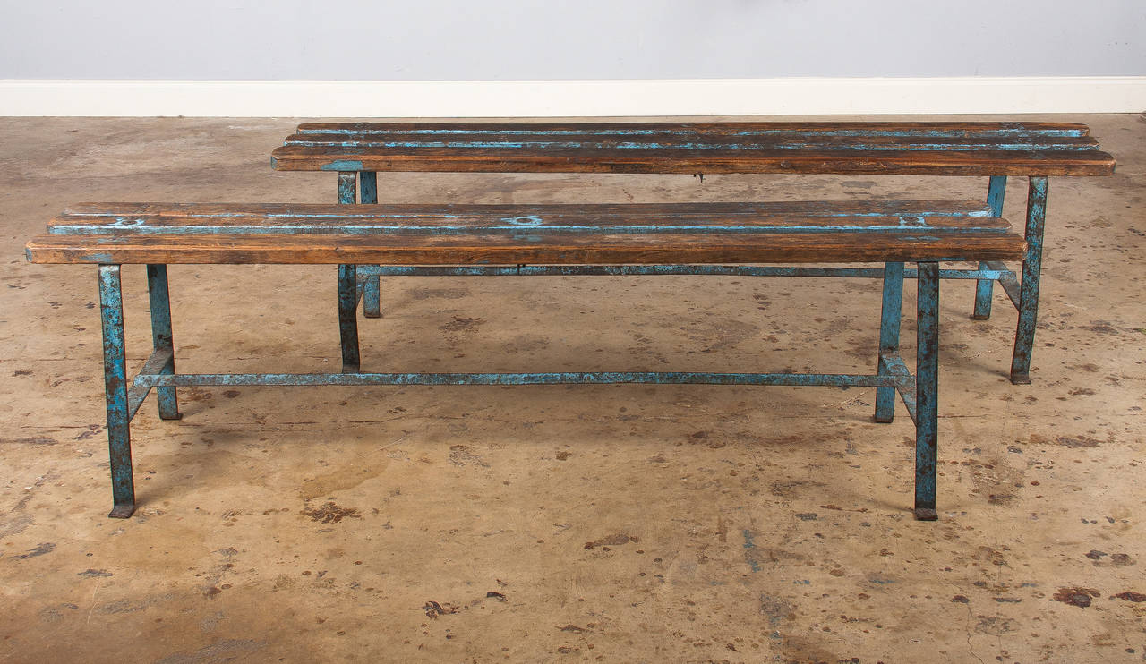 Metal Pair of French Vintage Painted Benches, circa 1940s