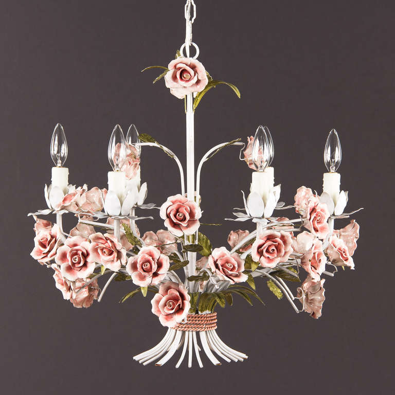 Painted Tole Chandelier with Flowers from Italy 2
