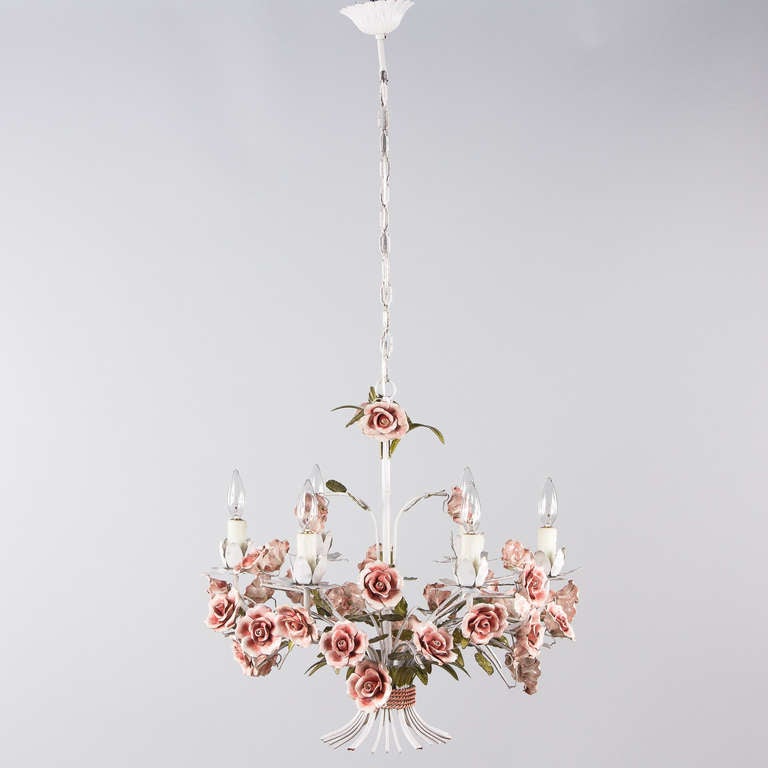 Italian Painted Tole Chandelier with Flowers from Italy
