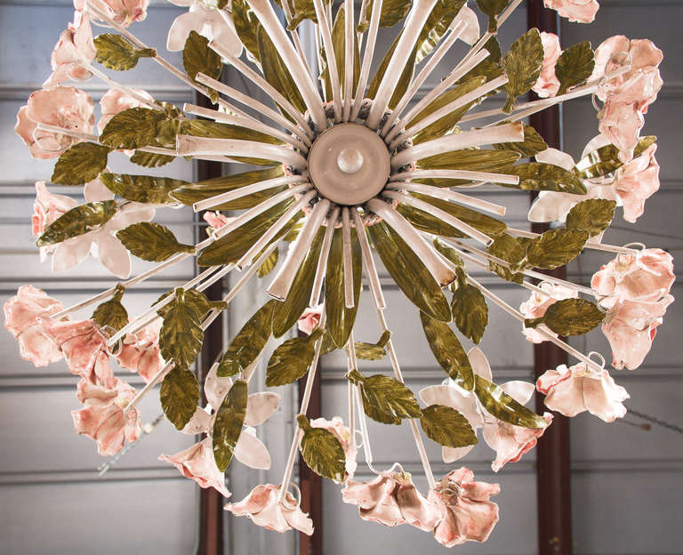 Painted Tole Chandelier with Flowers from Italy In Good Condition In Austin, TX
