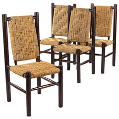 Set of Four Ebonized Wood and Rush Seat Chairs