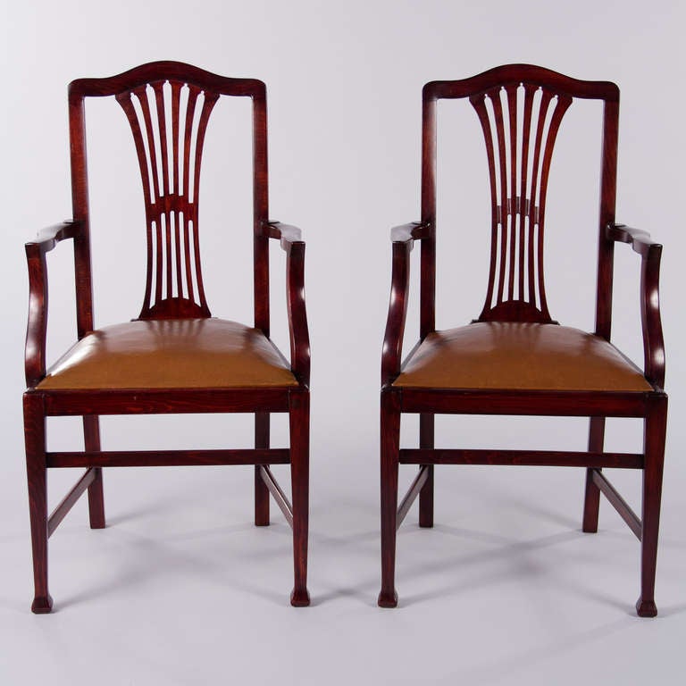 Chippendale Pair of 1940s French Mahogany Desk Armchairs with Leather Seats