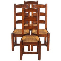 Set of Four Country French Oak Chairs with Rush Seats, 1940s