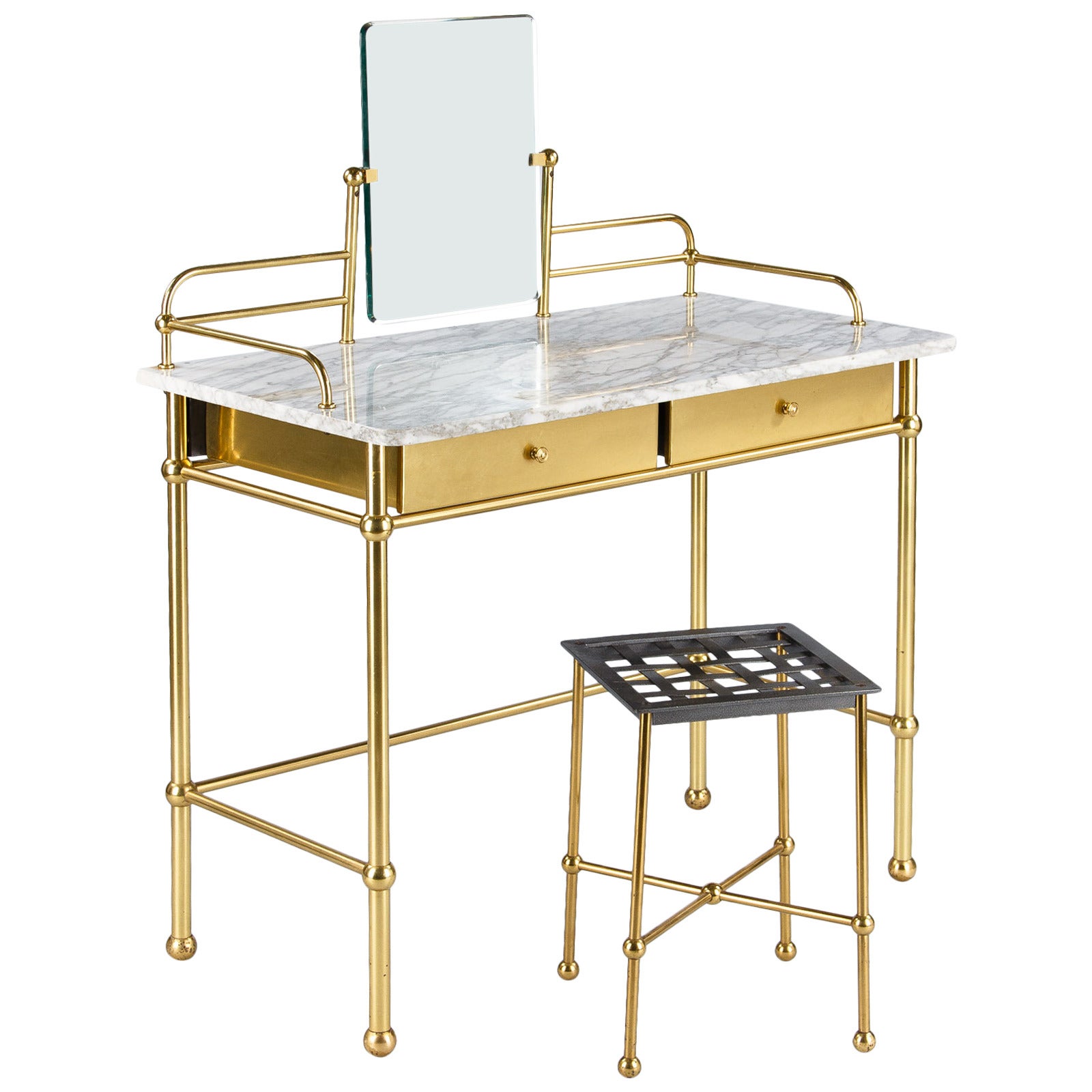Vintage French Brass and Marble Vanity Table with Stool by Resistub, 1960s