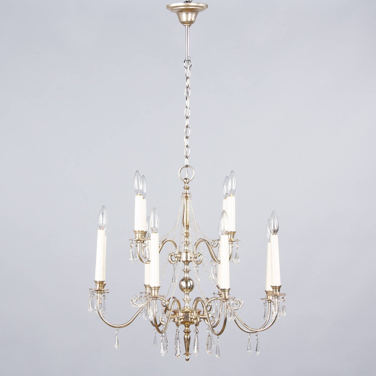 Mid-Century Modern French Midcentury Silver Plated Chandelier with Crystals, 1950s