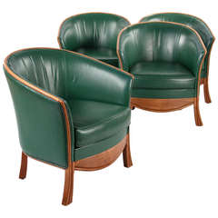 Set of Four Green Leather Armchairs by Rosello