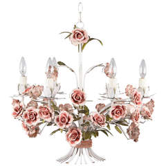 Vintage Painted Tole Chandelier with Flowers from Italy