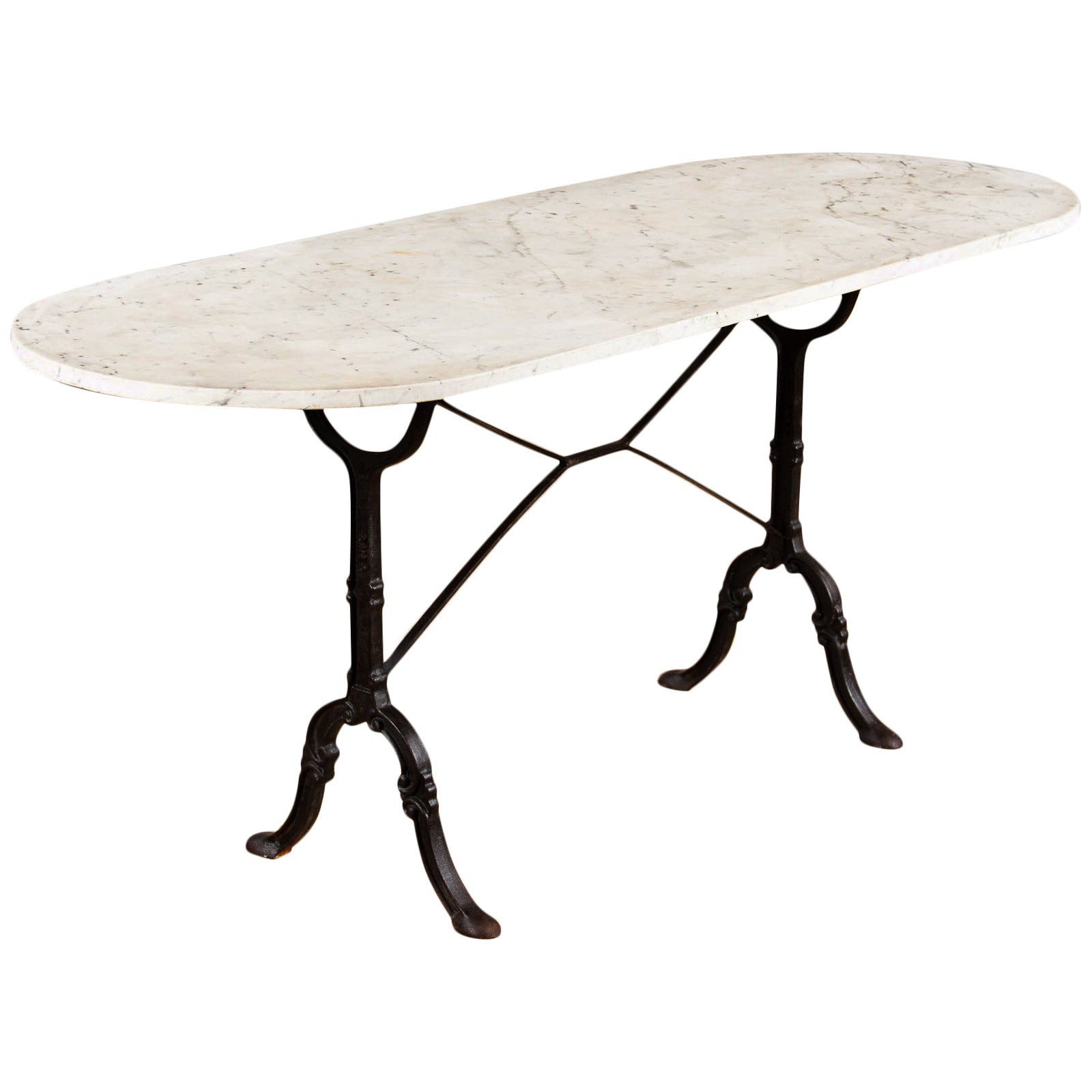 French Bistro Table with Oval White Marble Top, 1920s
