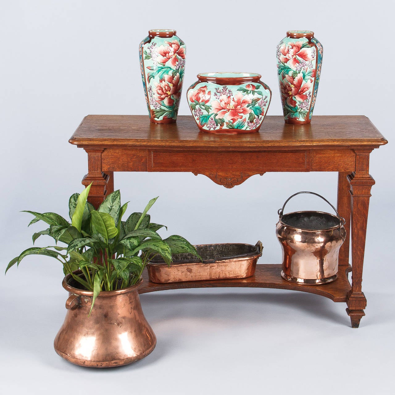 This handsome Louis XIV style console table is stamped Flachat et Cochet, Lyon and dated 1893. It is made of golden oak with baluster legs, a curved bottom shelf and a single drawer with shell and scroll motifs in the apron. From floor to bottom of