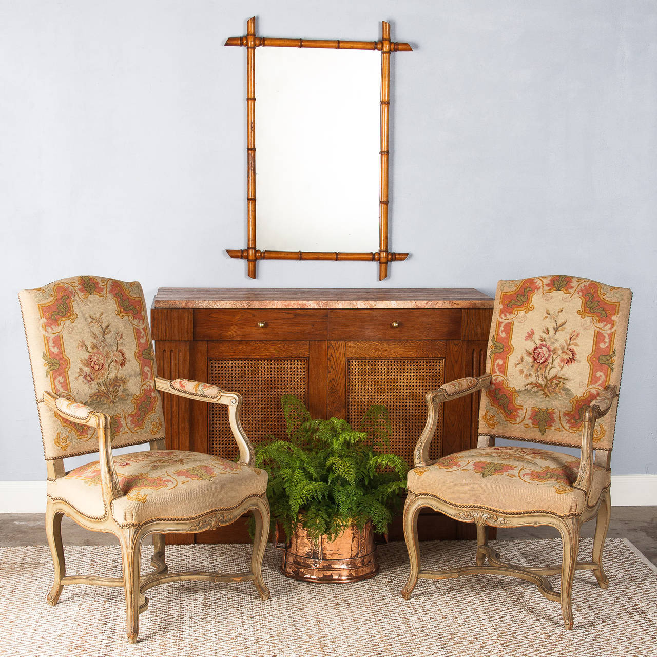 French Midcentury Marble Top Sideboard Buffet with Caned Doors