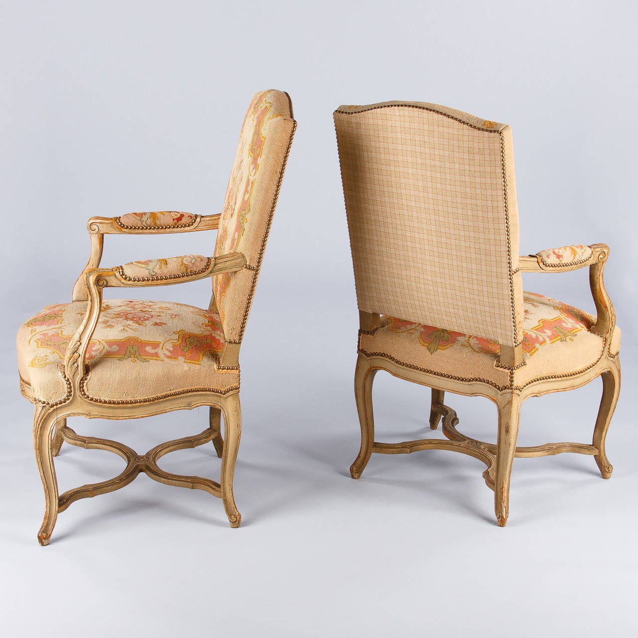 Needlepoint Pair of French Louis XV Style Painted Armchairs, circa 1920s