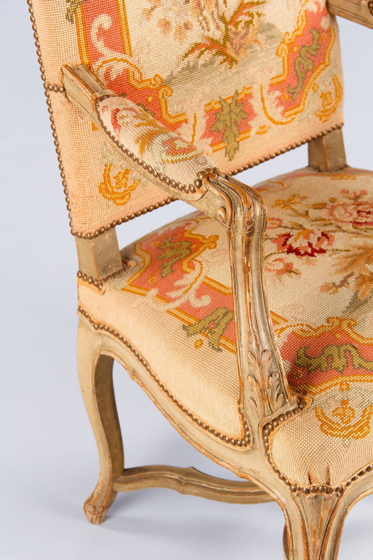 Upholstery Pair of French Louis XV Style Painted Armchairs, circa 1920s