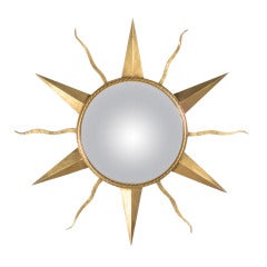 French Gilded Metal Convex Sunburst Mirror