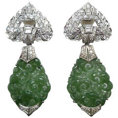 Jade Diamond Platinum Clip-on Drop Earrings