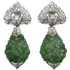 Jade Diamond Platinum Clip-on Drop Earrings 1