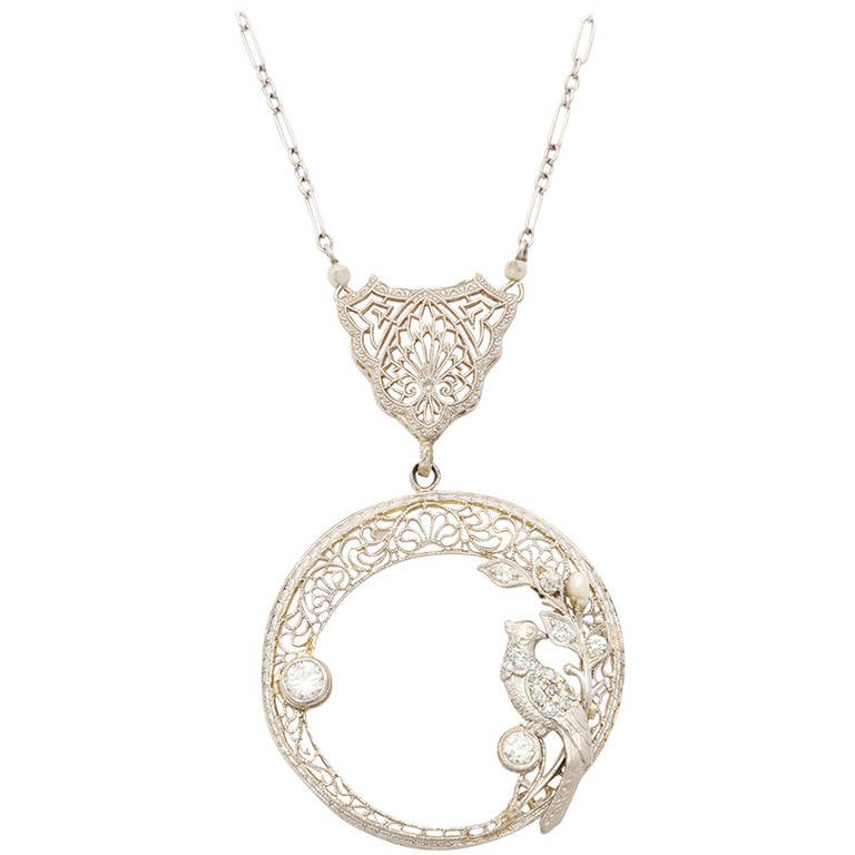 1920s Platinum over Gold Mine Diamond Filigree Necklace For Sale