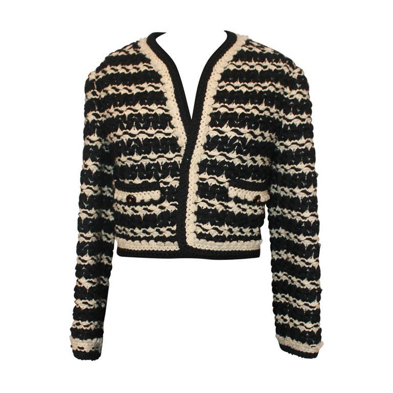 Chanel Vintage Black and White Crochet Jacket - 40 at 1stDibs