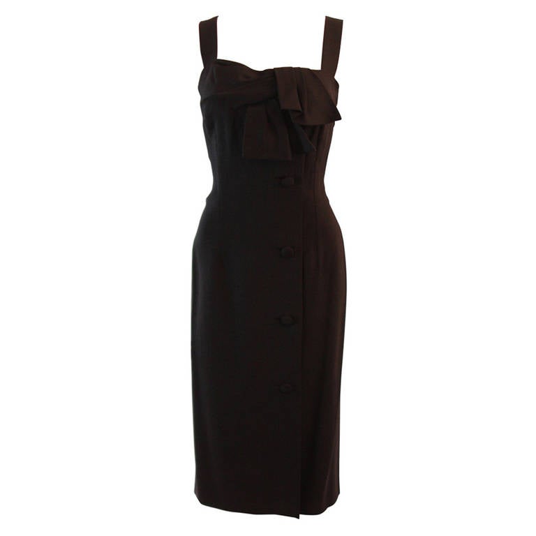  Pierre Balmain 'Couture' Black Linen Dress with Bow Accent