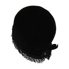 Christian Dior Black Velvet Black Beaded Fringe Cloche Hat