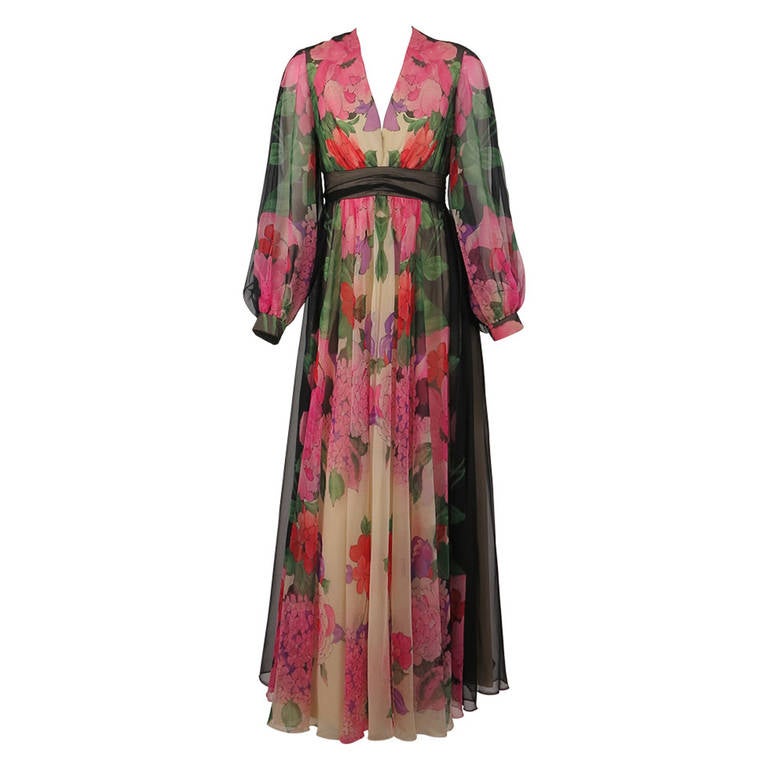 1970s Mollie Parnis Boutique floral chiffon maxi dress