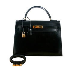 Hermès Black Box Calf Leather Vintage 32 cm Kelly Bag