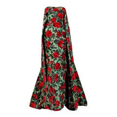 1960 Jean Desses Haute-Couture Strapless Red-Roses Floral Satin Trained Gown