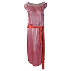 1922 House of Worth Haute-Couture Pink Lame & Gold Lace Belted Flapper Dress