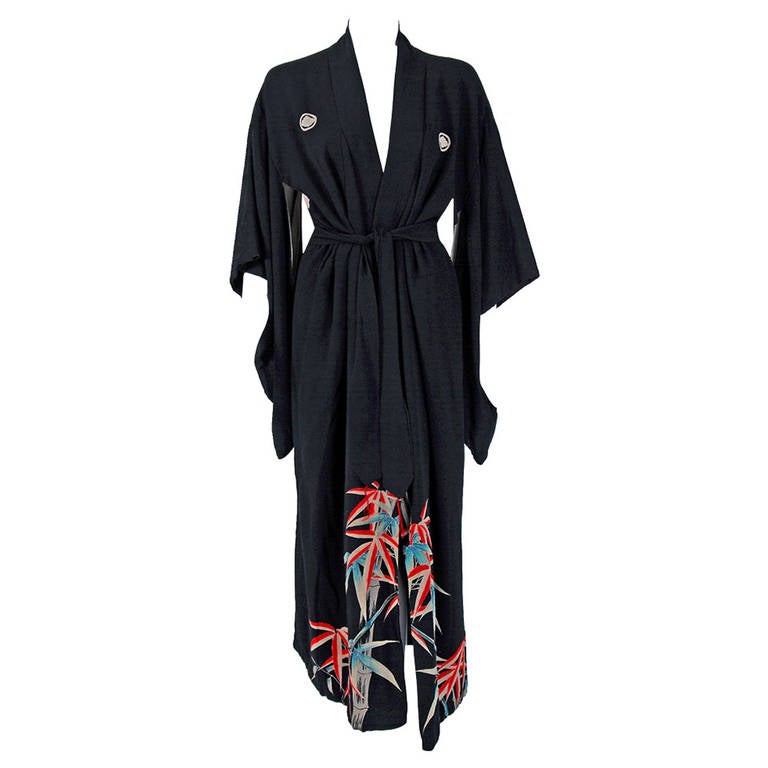 1940's Japanese Bamboo-Novelty Print Silk Belted Winged-Sleeves Kimono