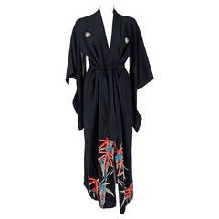 Vintage 1940's Japanese Bamboo-Novelty Print Silk Belted Winged-Sleeves Kimono