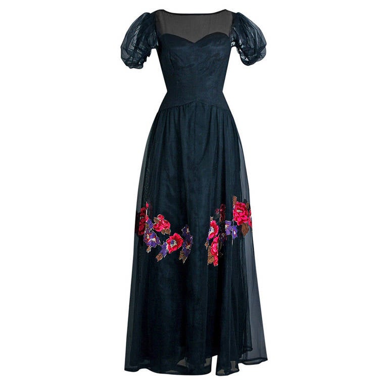 1930's Nat Cantor Floral Applique Net-Tulle Black Illusion Deco Bias-Cut Gown