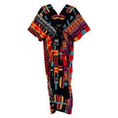 1970's Colorful Ethnic Graphic-Print Belted Cotton Bohemian Caftan Dress