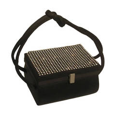 1960s Black Satin and Rhinestone Evening Bag with Satin Cord Handle