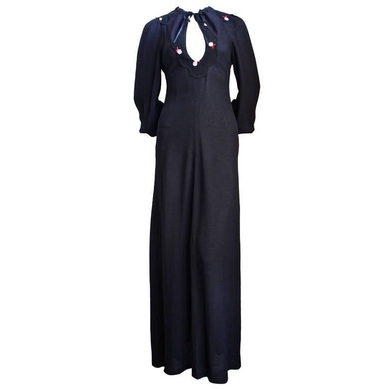 1960's OSSIE CLARK black moss crepe dress with keyhole neck and embroidery