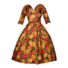 Vintage 1950s 50s Floral Print Silk Full Sweep Cocktail Dress