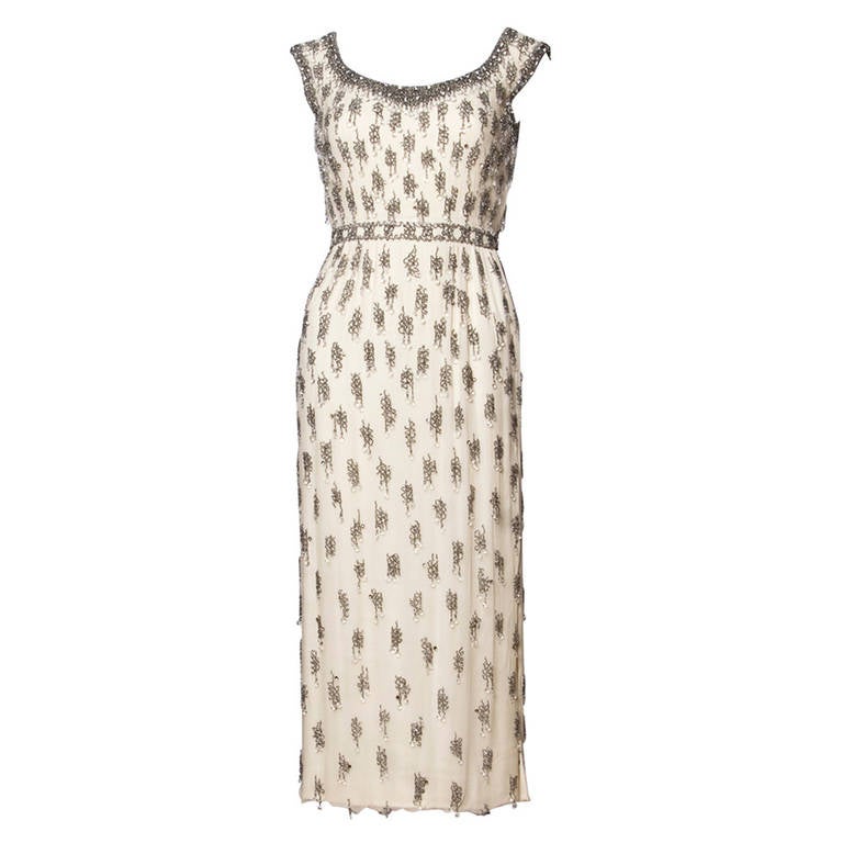 Vintage 1960s 60s Silk Heavy Glass Beaded + Rhinestone Cocktail or Wedding Dress