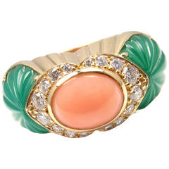 Vintage CARTIER Green Chalcedony Pink Coral Diamond Yellow Gold Ring
