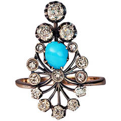 Late 19th Century Turquoise Diamond Silver Gold Ring