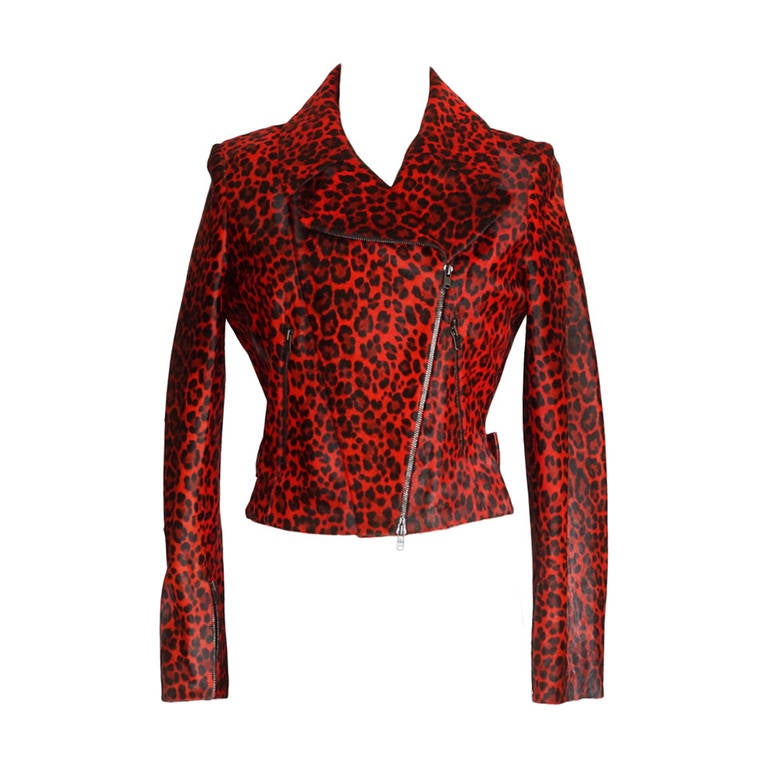 Azzedine Alaia Jacket Motorcycle Baby Calf Red Leopard Print  42 nwt