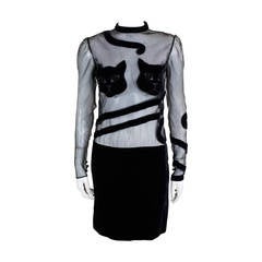Vintage Feraud 1980s Sheer and Velvet Cat Applique Dress