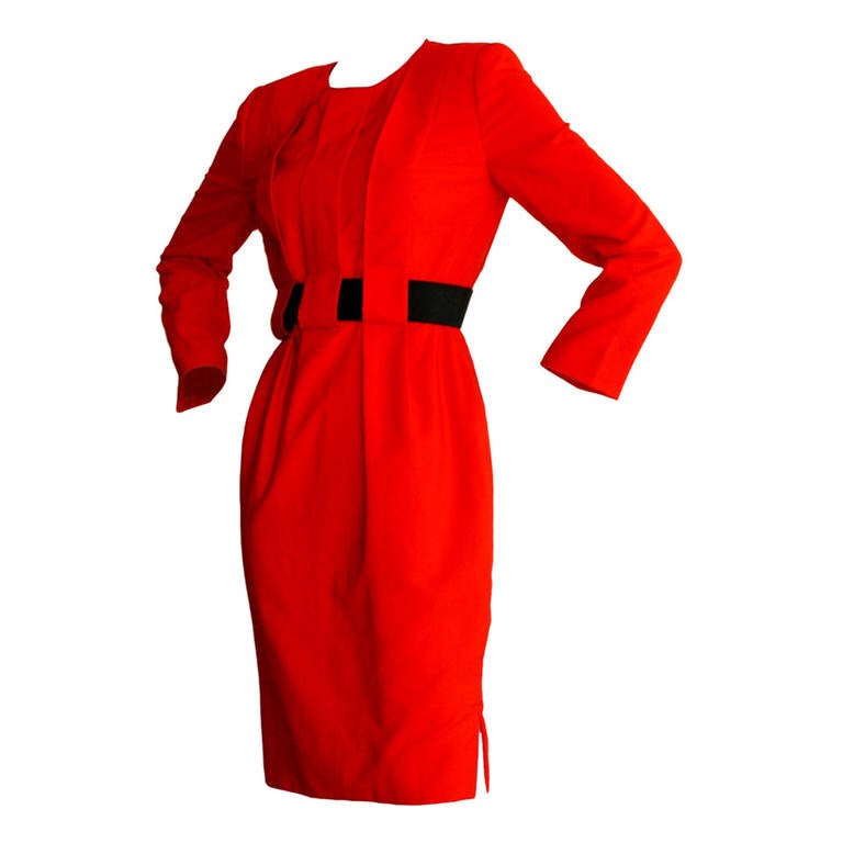 Wonderful James Galanos Lipstick Red Belted Long Sleeve Dress For Sale ...