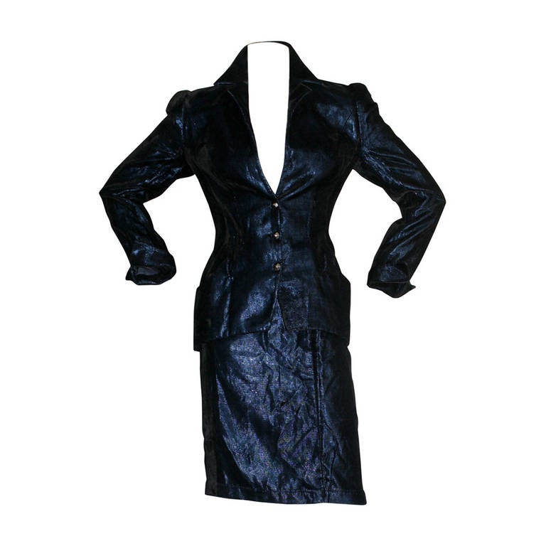 Vintage Thierry Mugler Blue Velvet Metallic Power Suit Avant Garde