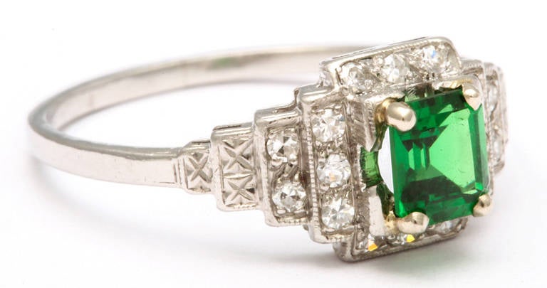 Emerald Cut Art Deco Vintage Platinum Ring with Emerald Tsavorite and Diamonds