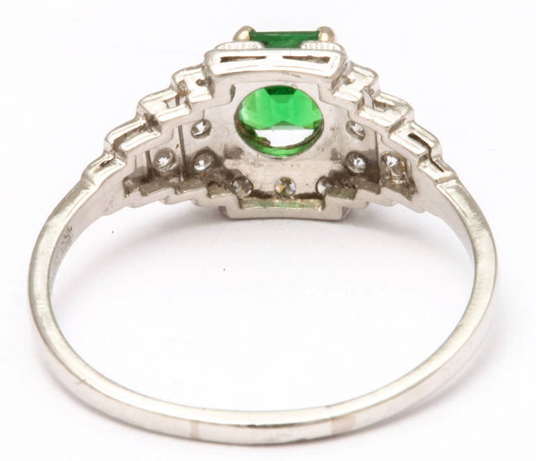 Women's Art Deco Vintage Platinum Ring with Emerald Tsavorite and Diamonds