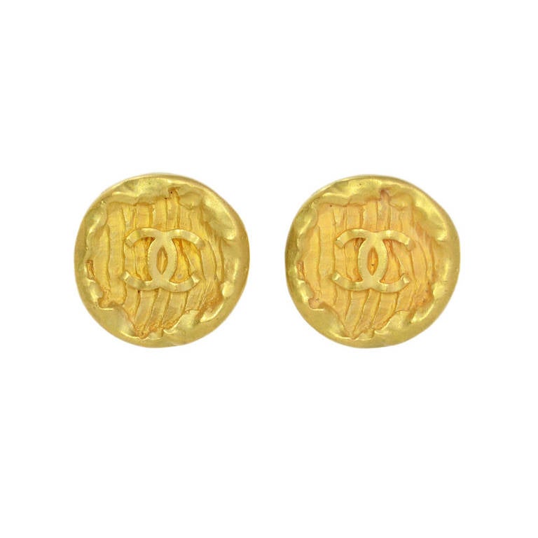 CHANEL Antiqued Goldtone Textured CC Clip On Earrings