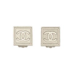 CHANEL Small Silvertone Square CC Clip On Earrings