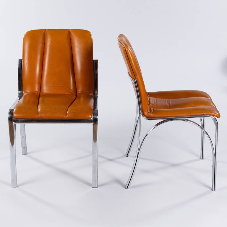 Modern Set of Six Vintage Chrome and Leather Chairs from Spain, 1970s